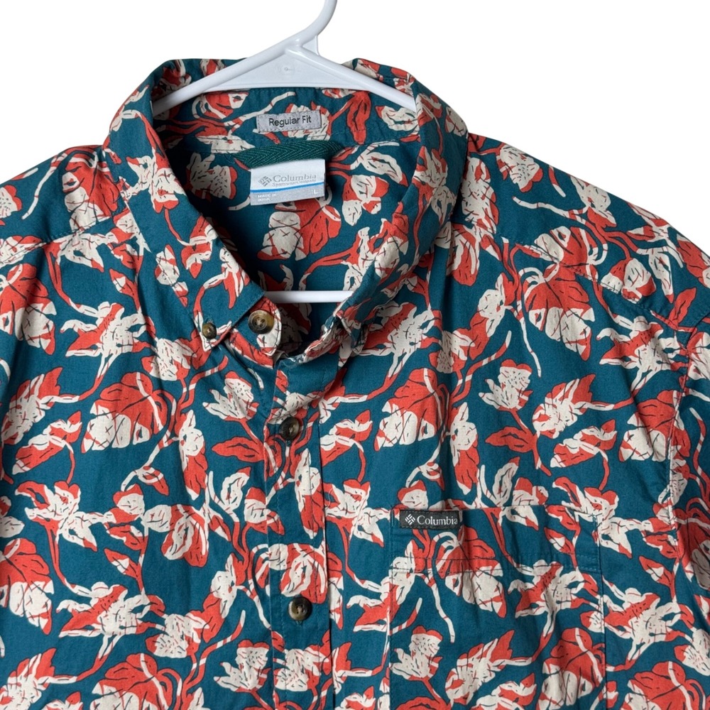 Columbia Button Down Shirt L Teal Floral Leaf Short Sleeve Regular Fit Hawaiian